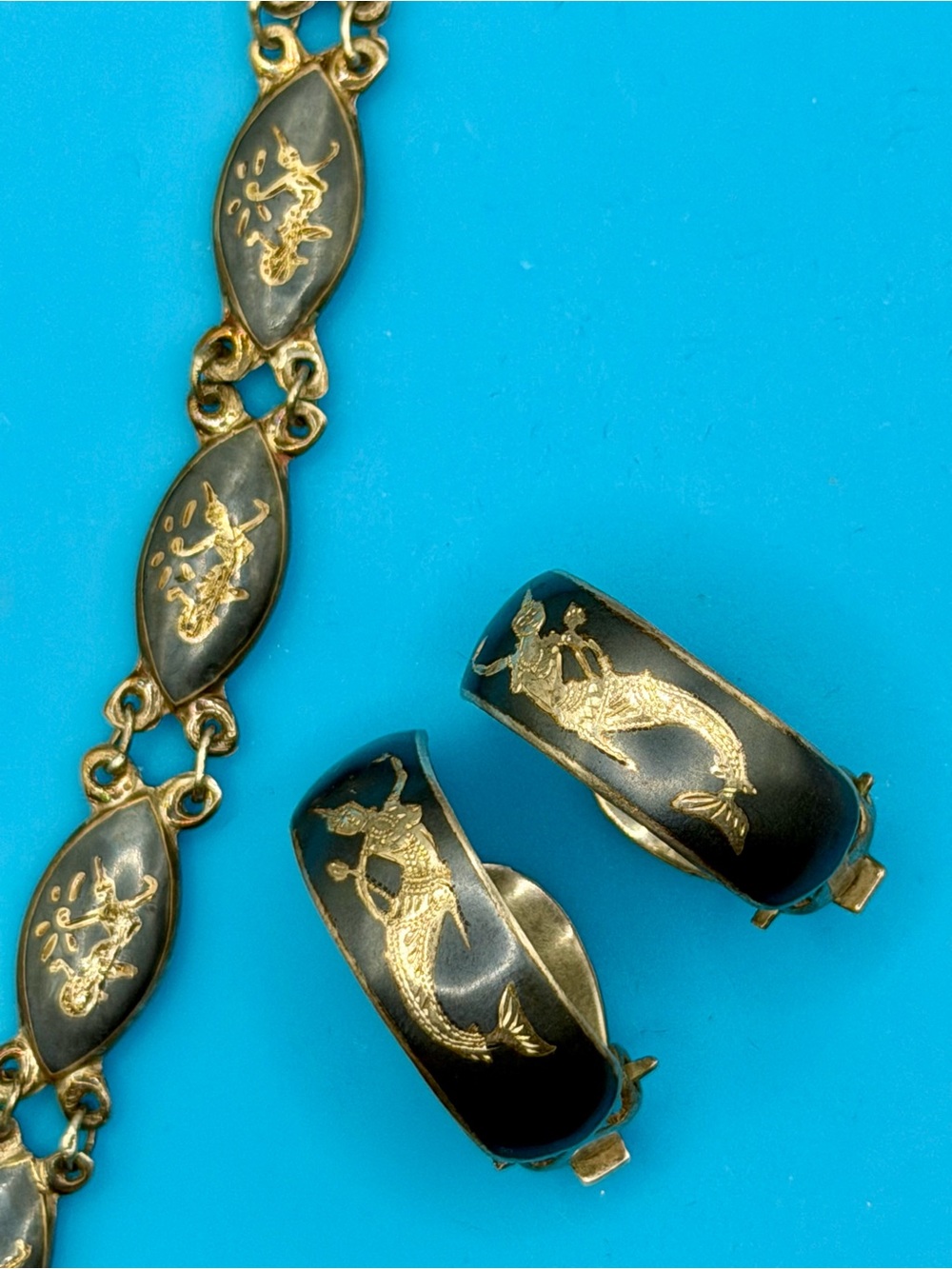 Vintage 1940s-50s Siam Sterling Niello Suvannamaccha Mermaid Jewelry Set